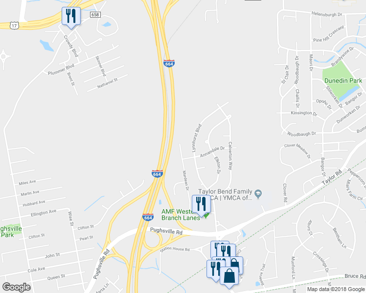map of restaurants, bars, coffee shops, grocery stores, and more near 3663 Mardean Drive in Chesapeake