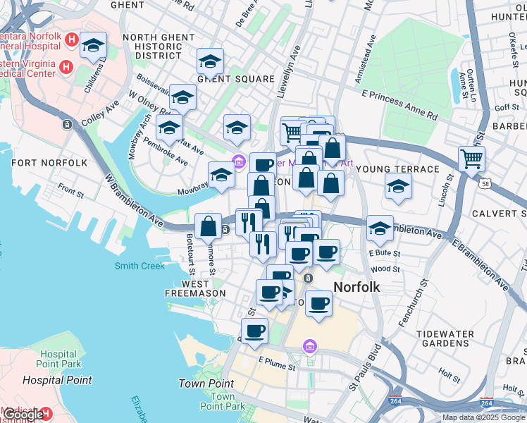 map of restaurants, bars, coffee shops, grocery stores, and more near 220 West Brambleton Avenue in Norfolk