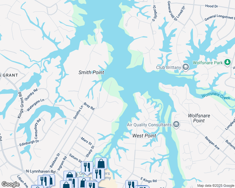 map of restaurants, bars, coffee shops, grocery stores, and more near 3108 Rivers Edge Cove in Virginia Beach