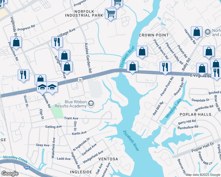 map of restaurants, bars, coffee shops, grocery stores, and more near 955 Anna Street in Norfolk