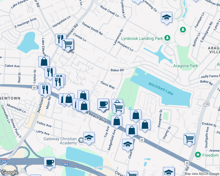 map of restaurants, bars, coffee shops, grocery stores, and more near 601 Amber Way in Virginia Beach