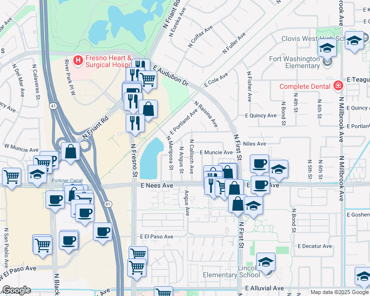 map of restaurants, bars, coffee shops, grocery stores, and more near 8172 North Angus Street in Fresno