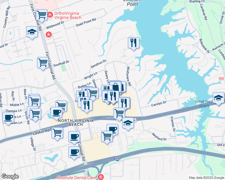 map of restaurants, bars, coffee shops, grocery stores, and more near 812 Deary Lane in Virginia Beach