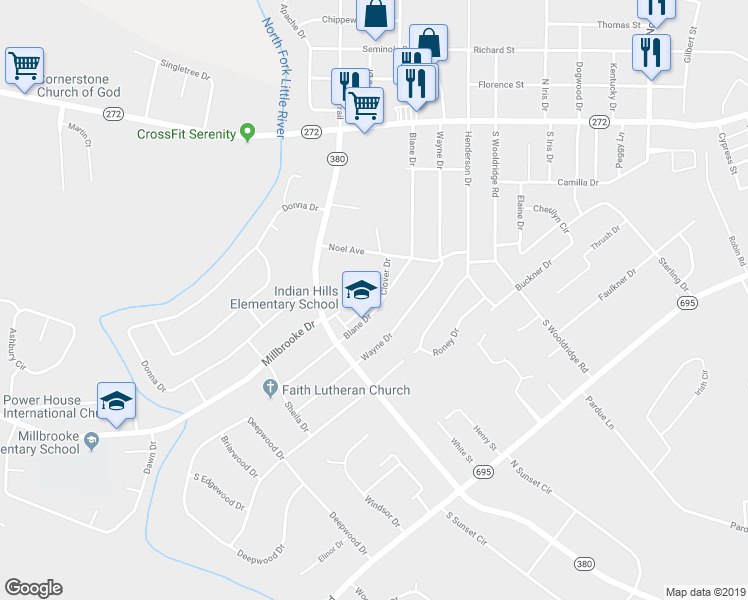 map of restaurants, bars, coffee shops, grocery stores, and more near 321 Blane Drive in Hopkinsville