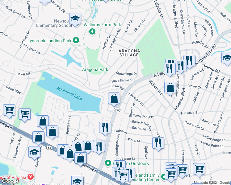 map of restaurants, bars, coffee shops, grocery stores, and more near in Virginia Beach
