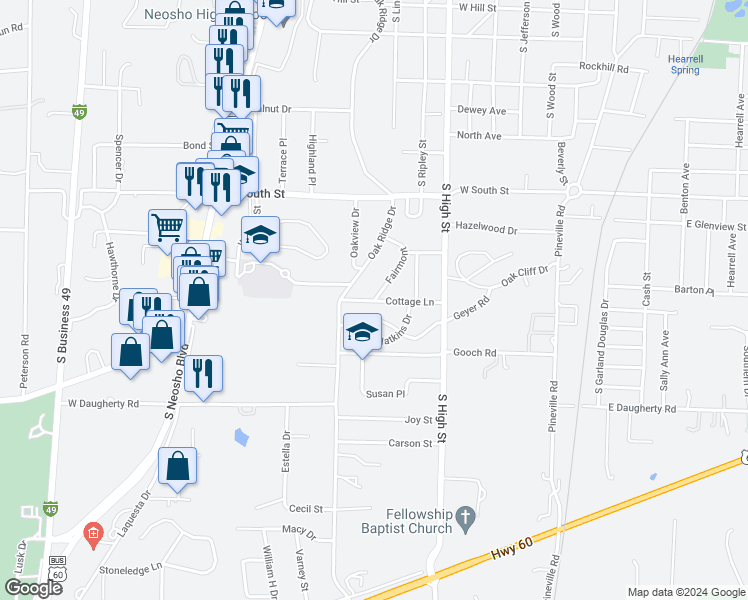 map of restaurants, bars, coffee shops, grocery stores, and more near 810 Fairmont in Neosho