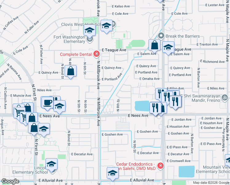 map of restaurants, bars, coffee shops, grocery stores, and more near 8195 North Yorktown Drive in Fresno
