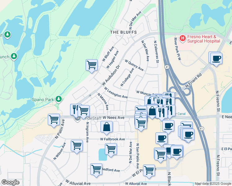 map of restaurants, bars, coffee shops, grocery stores, and more near 8203 North College Avenue in Fresno
