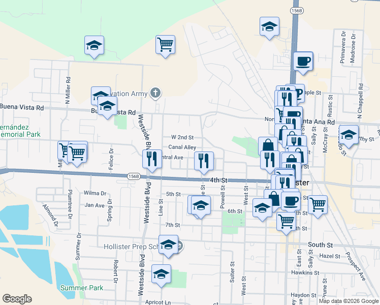 map of restaurants, bars, coffee shops, grocery stores, and more near 740 Canal Alley in Hollister
