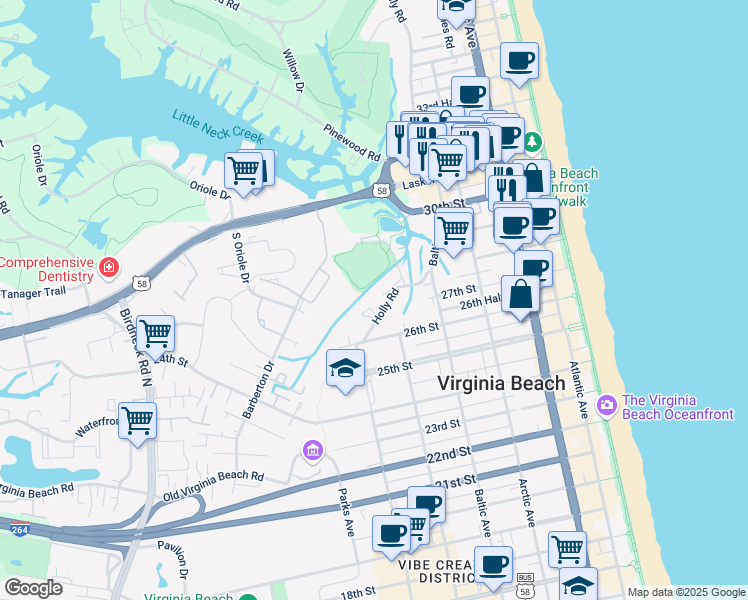 map of restaurants, bars, coffee shops, grocery stores, and more near 2818 Wiigwaas Lane in Virginia Beach