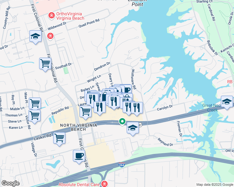 map of restaurants, bars, coffee shops, grocery stores, and more near 812 Deary Lane in Virginia Beach