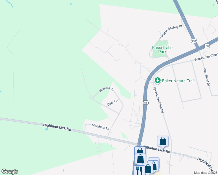 map of restaurants, bars, coffee shops, grocery stores, and more near 205-211 Hunters Circle in Russellville