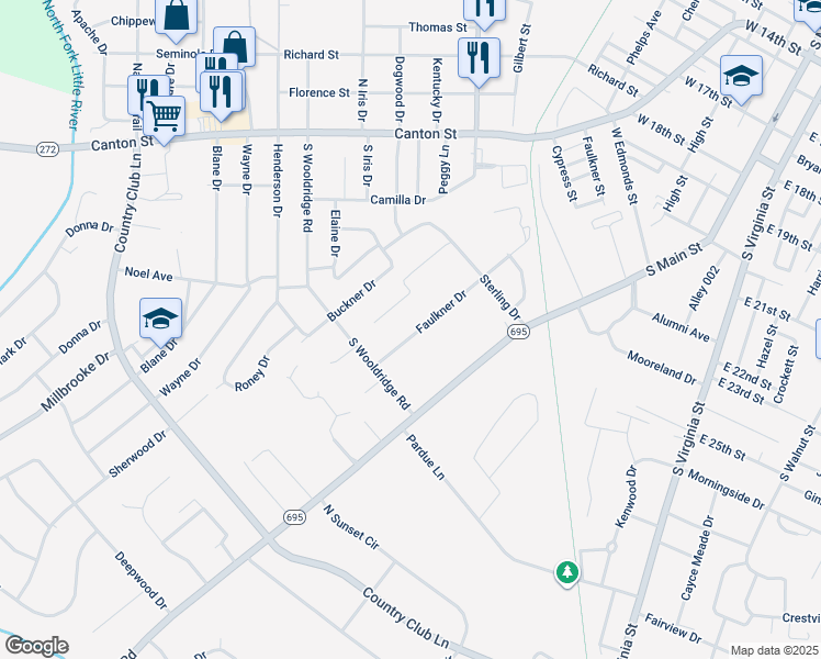 map of restaurants, bars, coffee shops, grocery stores, and more near 2516 Faulkner Drive in Hopkinsville