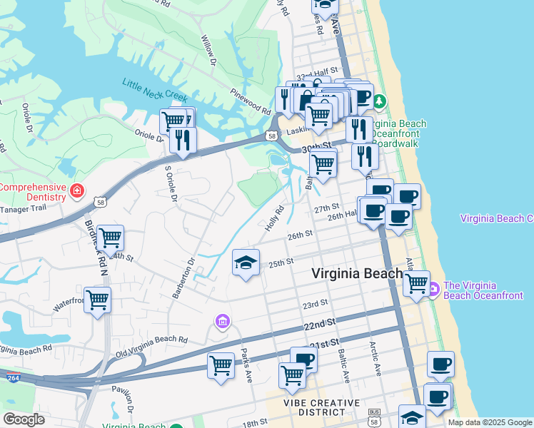 map of restaurants, bars, coffee shops, grocery stores, and more near 2818 Wiigwaas Lane in Virginia Beach