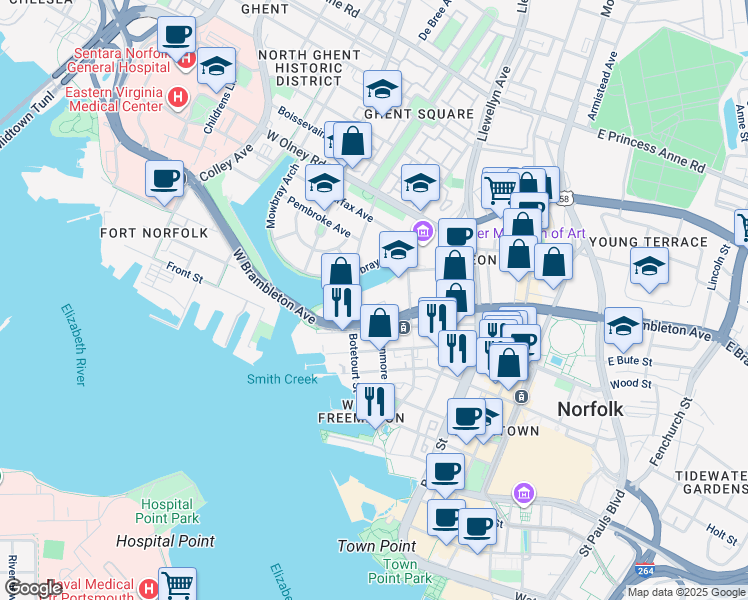 map of restaurants, bars, coffee shops, grocery stores, and more near 330 West Brambleton Avenue in Norfolk