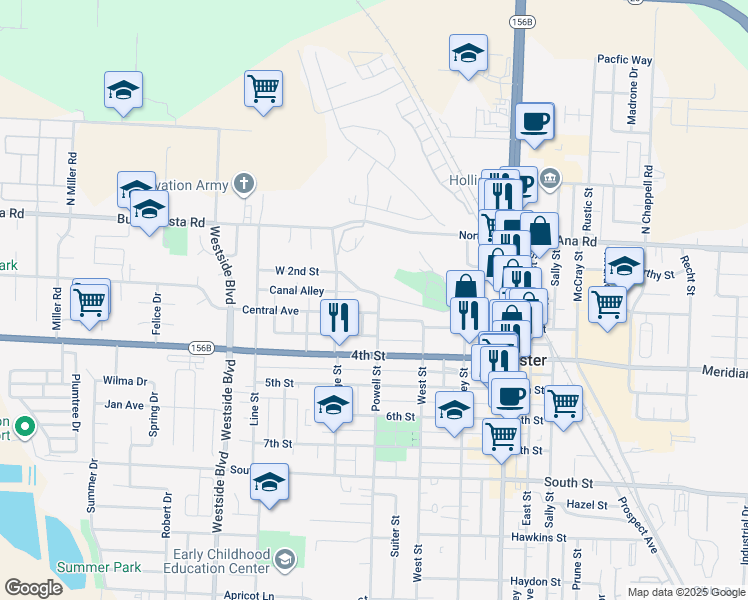 map of restaurants, bars, coffee shops, grocery stores, and more near 172 Locust Avenue in Hollister