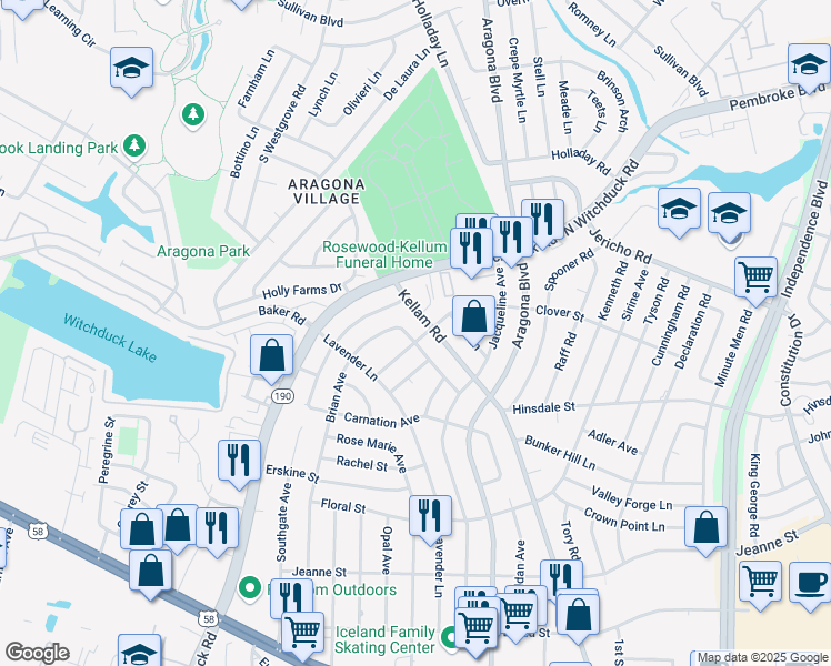 map of restaurants, bars, coffee shops, grocery stores, and more near 653 Kellam Road in Virginia Beach