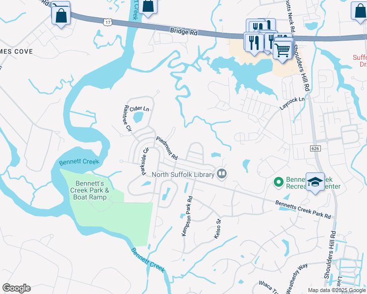 map of restaurants, bars, coffee shops, grocery stores, and more near 2209 Tuliptree Circle in Suffolk