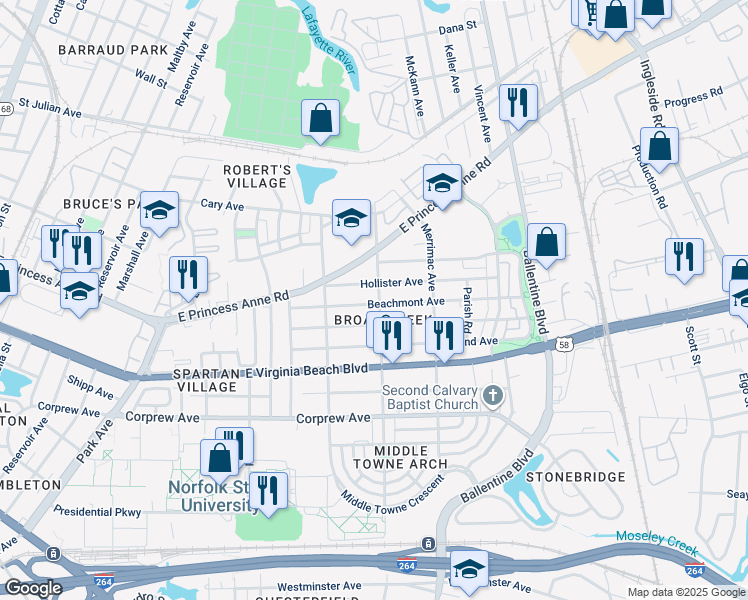 map of restaurants, bars, coffee shops, grocery stores, and more near 2748 Beachmont Avenue in Norfolk