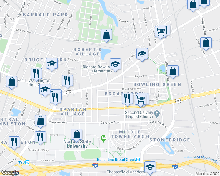 map of restaurants, bars, coffee shops, grocery stores, and more near 2706 Beachmont Avenue in Norfolk