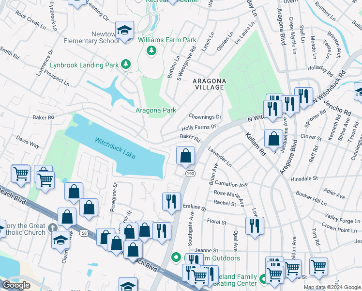 map of restaurants, bars, coffee shops, grocery stores, and more near Catano Court in Virginia Beach
