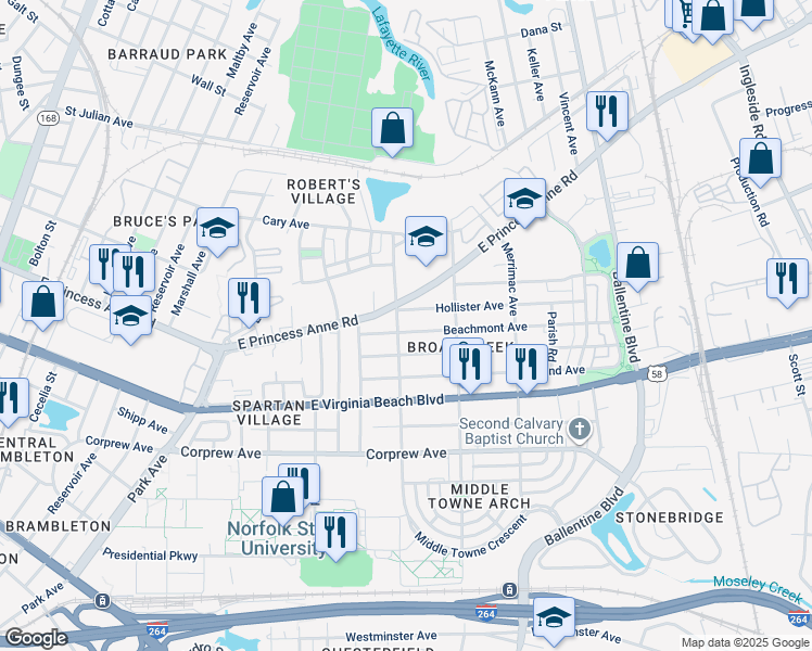 map of restaurants, bars, coffee shops, grocery stores, and more near 2706 Beachmont Avenue in Norfolk