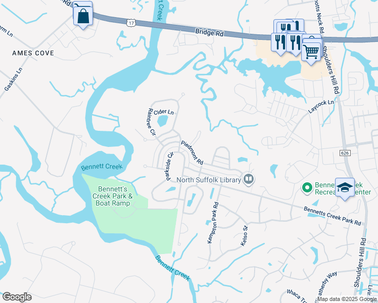 map of restaurants, bars, coffee shops, grocery stores, and more near 2086 Piedmont Road in Suffolk