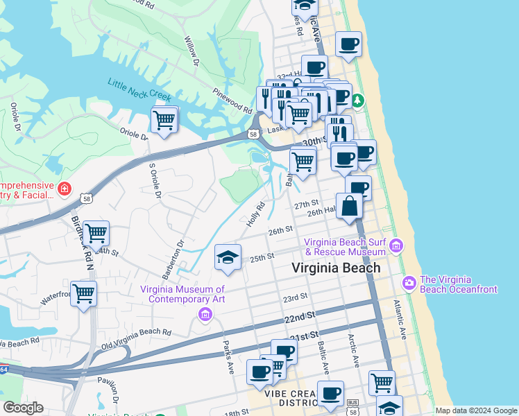 map of restaurants, bars, coffee shops, grocery stores, and more near 2800 Wiigwaas Lane in Virginia Beach