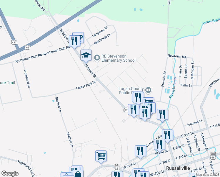 map of restaurants, bars, coffee shops, grocery stores, and more near 101-113 South Oak Street in Russellville