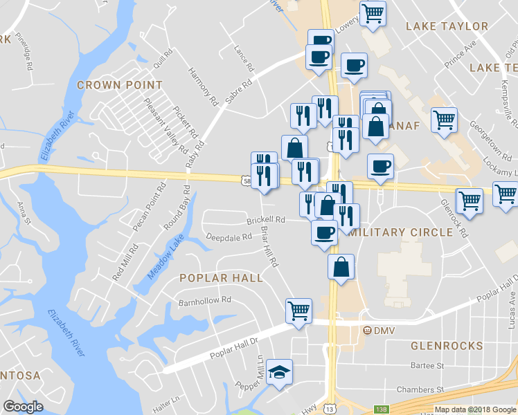 map of restaurants, bars, coffee shops, grocery stores, and more near 915 Briar Hill Road in Norfolk