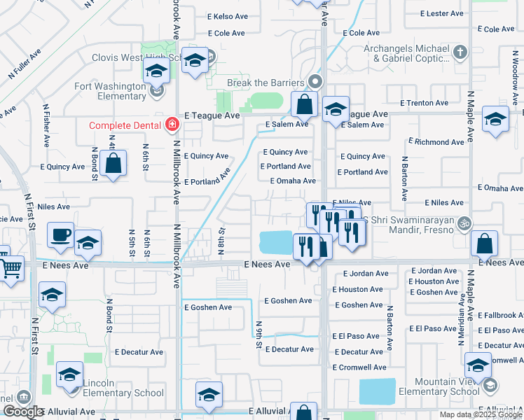map of restaurants, bars, coffee shops, grocery stores, and more near 8160 North 9th Street in Fresno