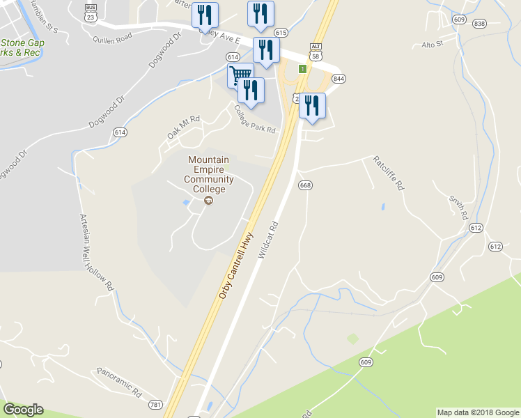 map of restaurants, bars, coffee shops, grocery stores, and more near 1788 Orby Cantrell Highway in Big Stone Gap