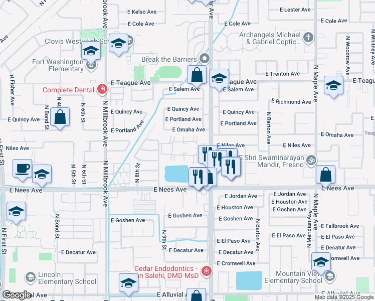 map of restaurants, bars, coffee shops, grocery stores, and more near 8153 North Cedar Avenue in Fresno