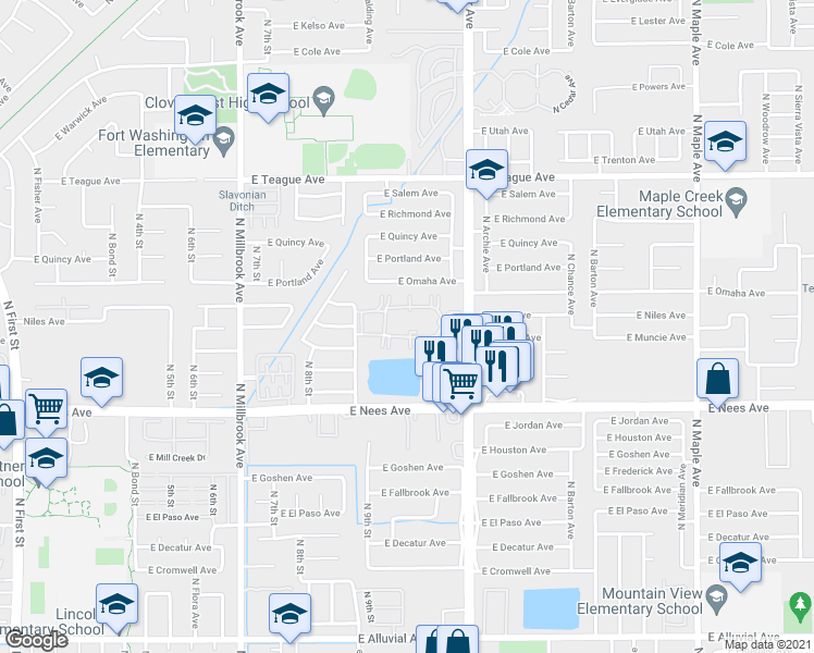 map of restaurants, bars, coffee shops, grocery stores, and more near 8153 North Cedar Avenue in Fresno