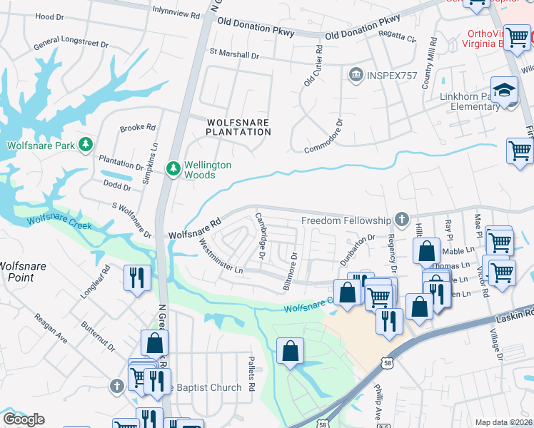 map of restaurants, bars, coffee shops, grocery stores, and more near 2166 Wolfsnare Road in Virginia Beach