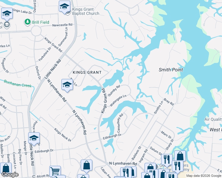 map of restaurants, bars, coffee shops, grocery stores, and more near 3132 Quimby Road in Virginia Beach