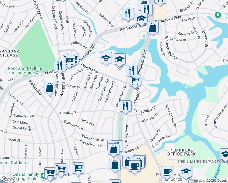 map of restaurants, bars, coffee shops, grocery stores, and more near 637 Breeds Hill Road in Virginia Beach