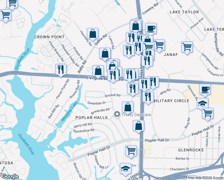 map of restaurants, bars, coffee shops, grocery stores, and more near in Norfolk
