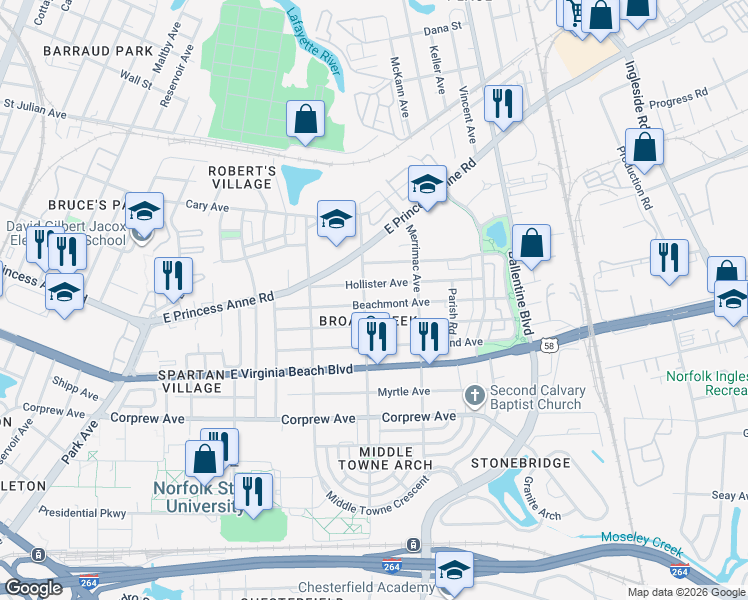 map of restaurants, bars, coffee shops, grocery stores, and more near 1129 Norchester Avenue in Norfolk