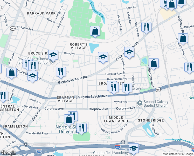 map of restaurants, bars, coffee shops, grocery stores, and more near 2713 Hollister Avenue in Norfolk