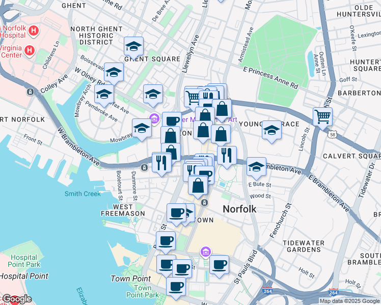 map of restaurants, bars, coffee shops, grocery stores, and more near 150 West Brambleton Avenue in Norfolk