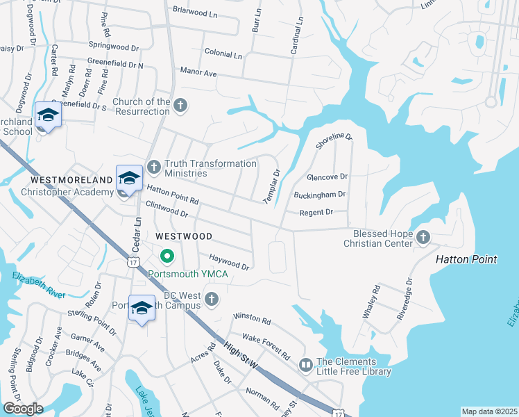 map of restaurants, bars, coffee shops, grocery stores, and more near 4417 Templar Drive in Portsmouth