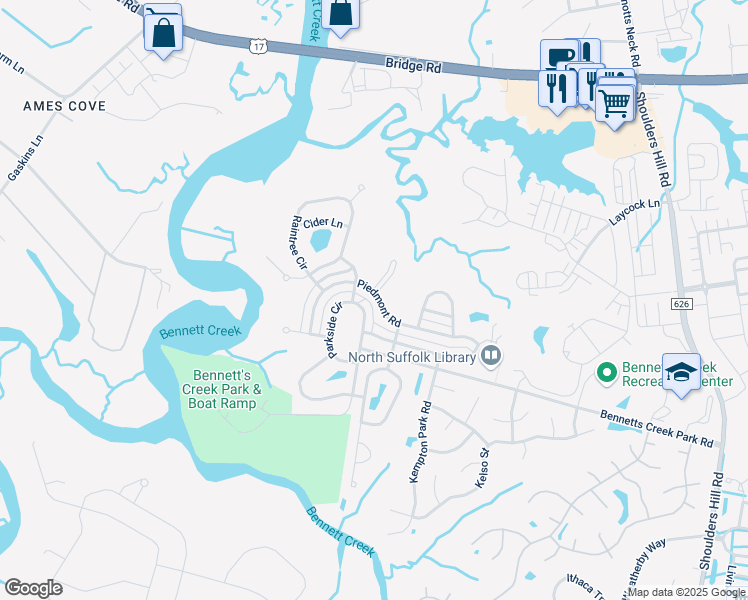 map of restaurants, bars, coffee shops, grocery stores, and more near 2086 Piedmont Road in Suffolk