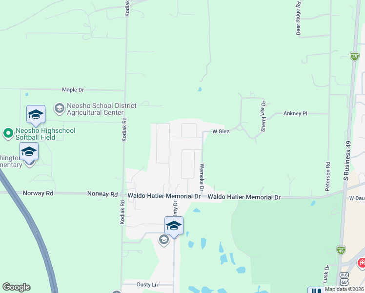 map of restaurants, bars, coffee shops, grocery stores, and more near 2100-2102 Simplicity Way in Neosho