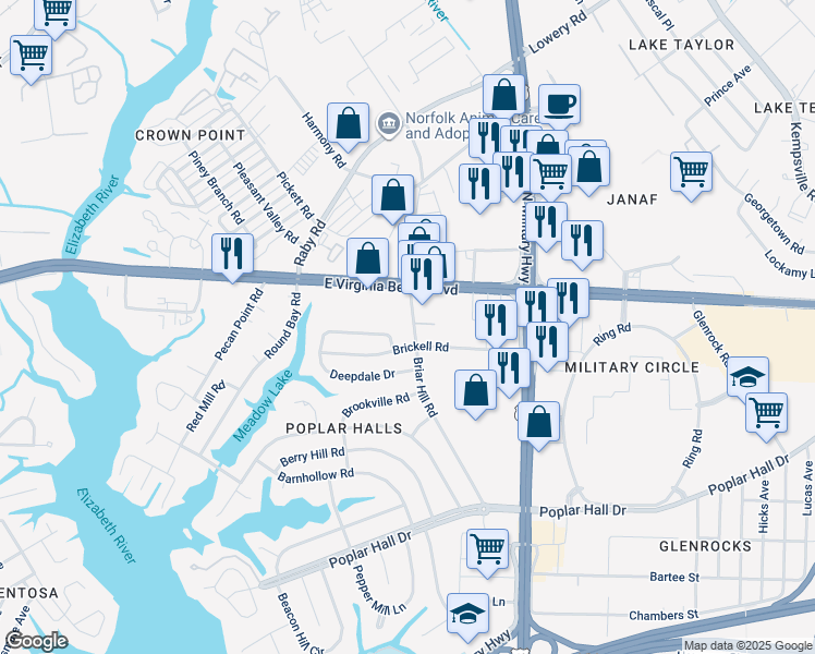 map of restaurants, bars, coffee shops, grocery stores, and more near 915 Briar Hill Road in Norfolk