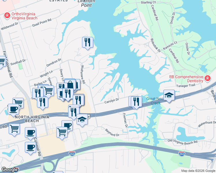map of restaurants, bars, coffee shops, grocery stores, and more near 1417 Laurel View Drive in Virginia Beach