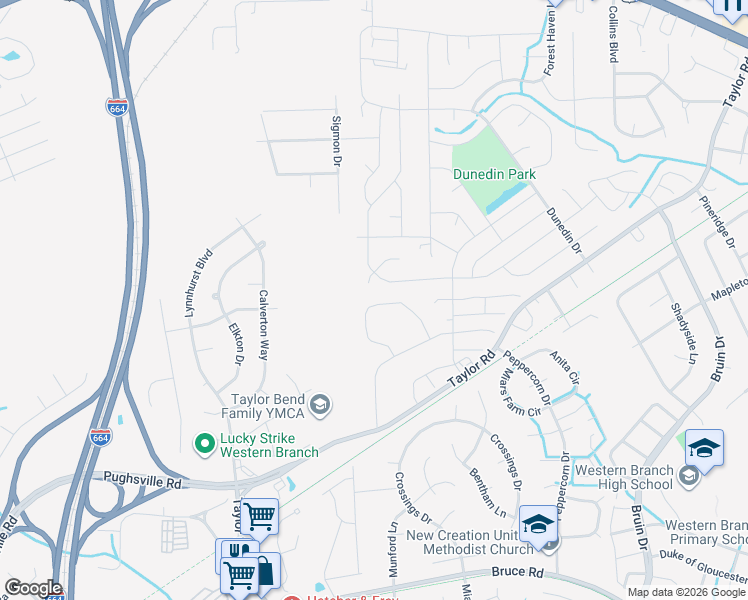 map of restaurants, bars, coffee shops, grocery stores, and more near 3405 Mornington Drive in Chesapeake