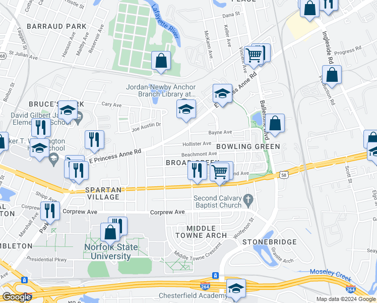 map of restaurants, bars, coffee shops, grocery stores, and more near 2748 Beachmont Avenue in Norfolk