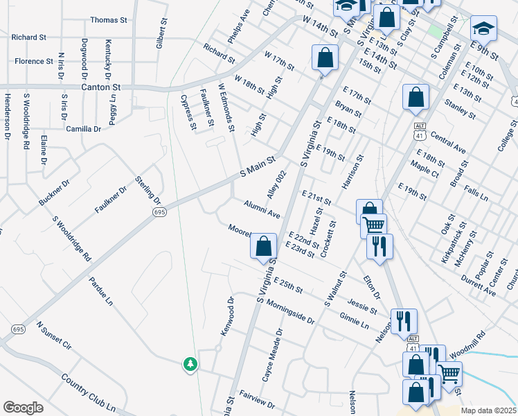 map of restaurants, bars, coffee shops, grocery stores, and more near 124 Alumni Avenue in Hopkinsville