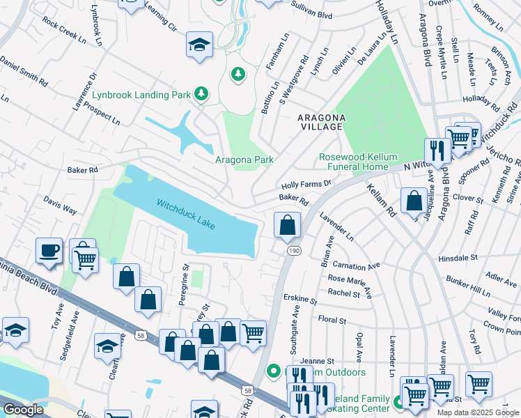 map of restaurants, bars, coffee shops, grocery stores, and more near 5268 Pirata Place in Virginia Beach